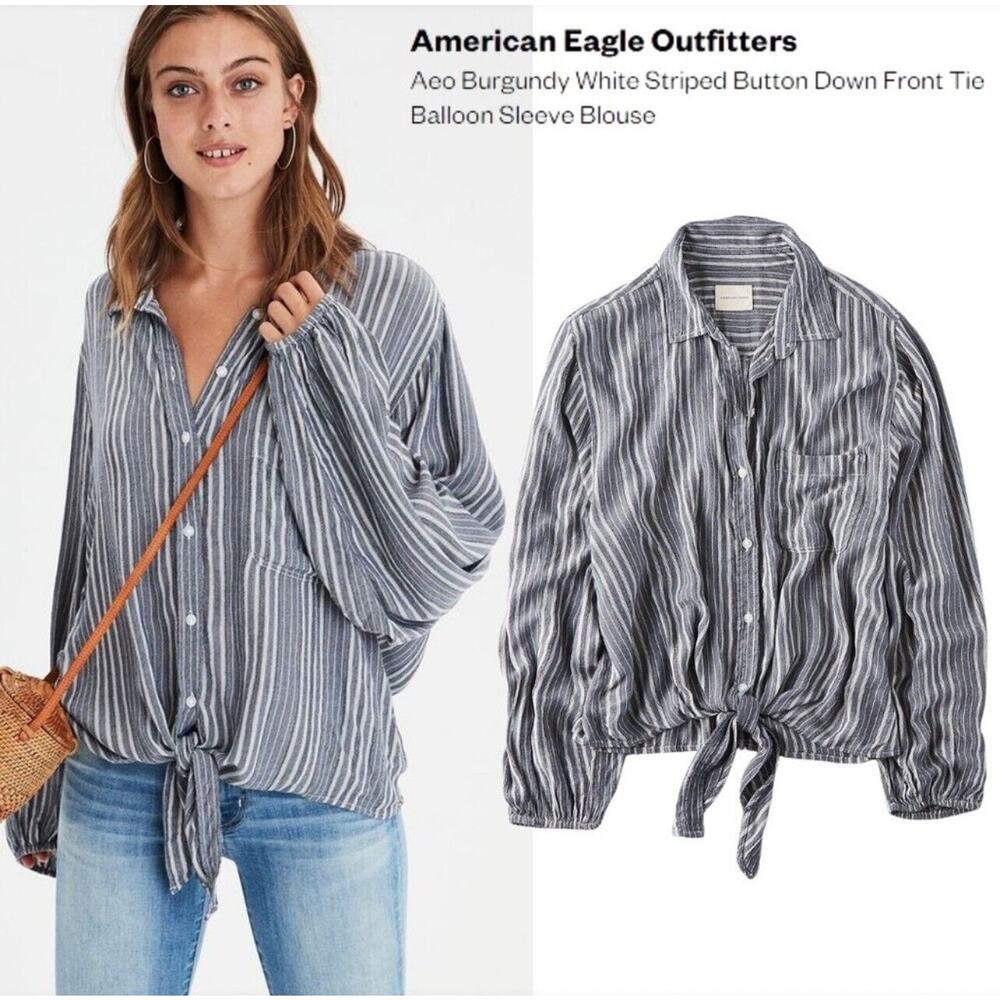 American Eagle Outfitters Button Up Top L Tie Front Oversized Lagenlook Slimming